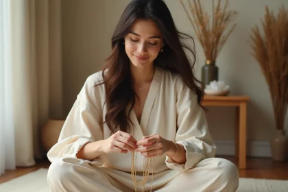 Femme démêlant délicatement un collier en or fin dans un espace intérieur minimaliste aux tons neutres, atmosphère spirituelle et introspective