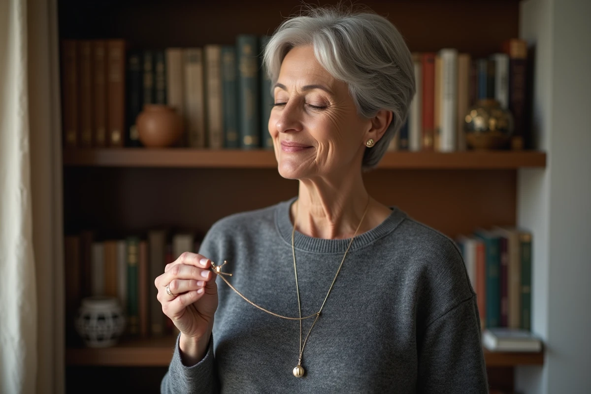 Femme aux cheveux argentés tenant un collier en argent emmêlé près d'une fenêtre dans une pièce chaleureuse, réflexion spirituelle et symbolisme personnel