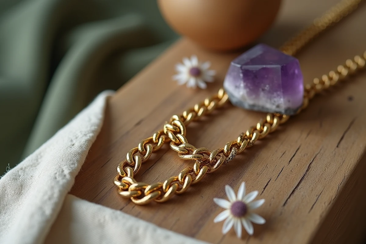 Gros plan de deux colliers en or emmêlés posés sur une table en bois avec un cristal d'améthyste, symbolisme spirituel et esthétique minimaliste