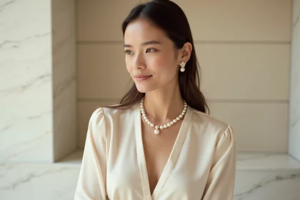 Femme portant un collier perle blanche et des boucles d'oreilles assorties avec un chemisier en soie ivoire dans un intérieur minimaliste