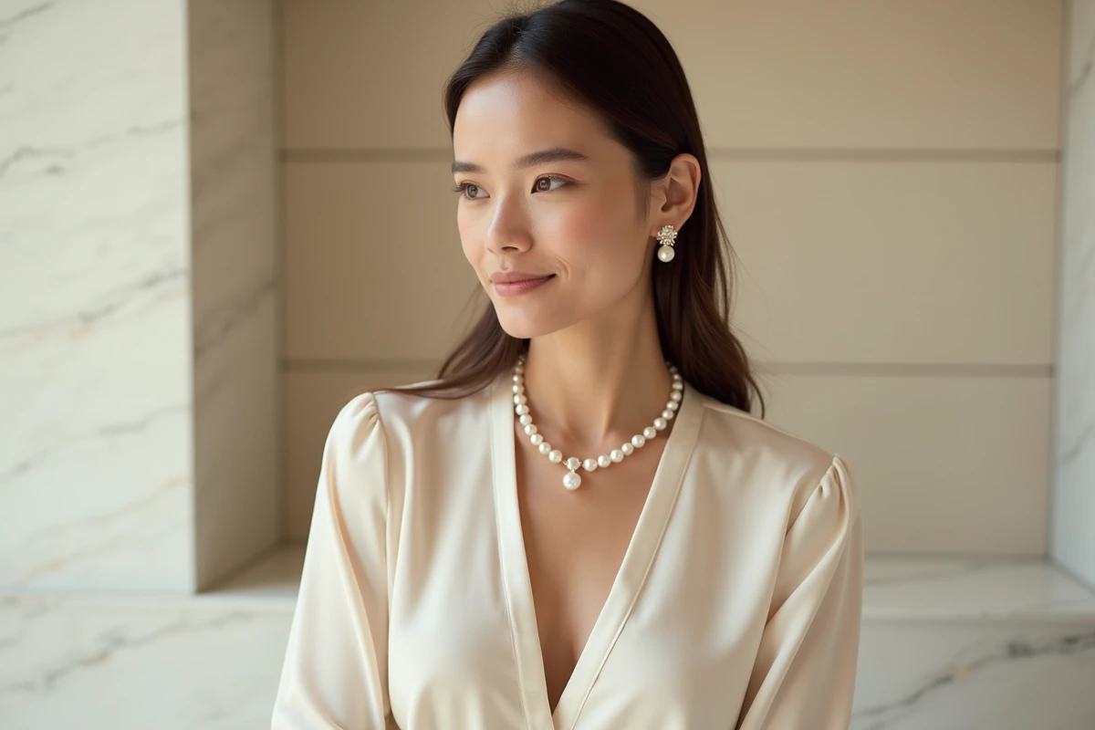 Femme portant un collier perle blanche et des boucles d'oreilles assorties avec un chemisier en soie ivoire dans un intérieur minimaliste
