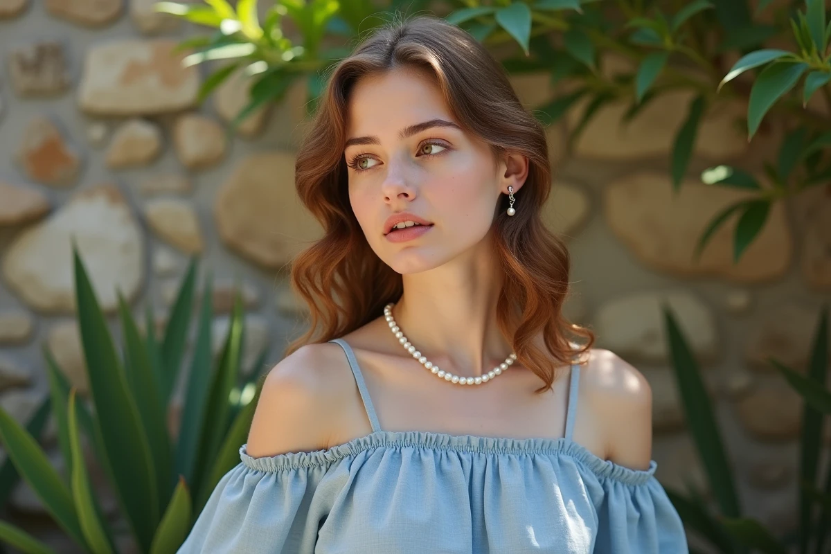 Jeune femme en robe en lin bleu portant un collier ras du cou en perles blanches et des boucles cerceaux dans un jardin verdoyant