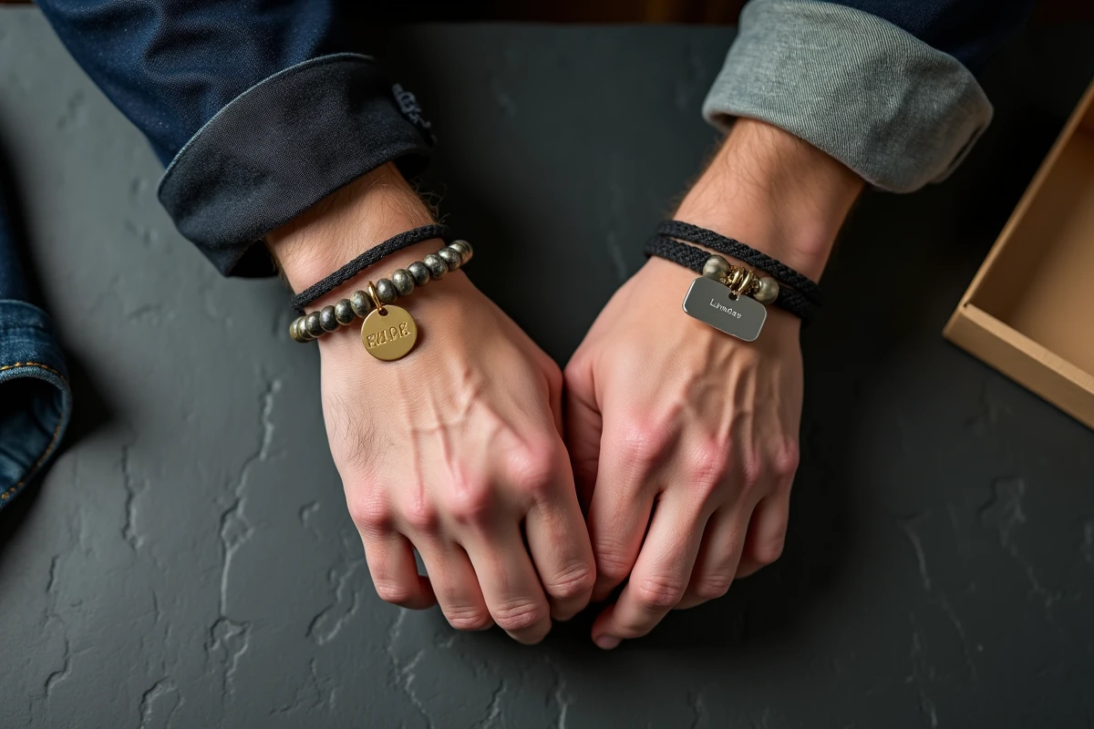 Deux bracelets homme personnalisés portés côte à côte, l'un en perles avec médaille en or gravée, l'autre en cordon avec plaque en argent prénom
