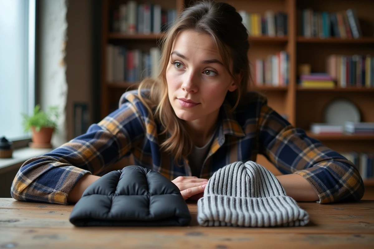 Jeune femme comparant une capuche doudoune détachable et un bonnet en laine sur une table en bois intérieure
