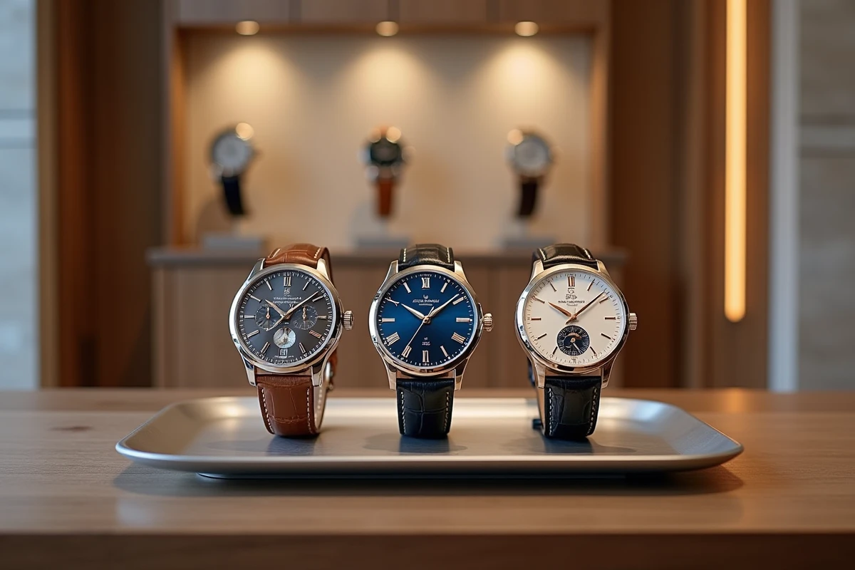 Trois montres de grand luxe côte à côte sur plateau en acier dans une boutique horlogère genevoise, comparaison de complications mécaniques haut de gamme