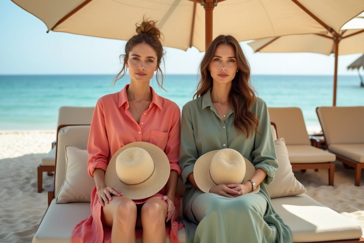 Deux femmes côte à côte en robes chemises de longueurs différentes, courte corail et longue vert sauge, dans un beach club