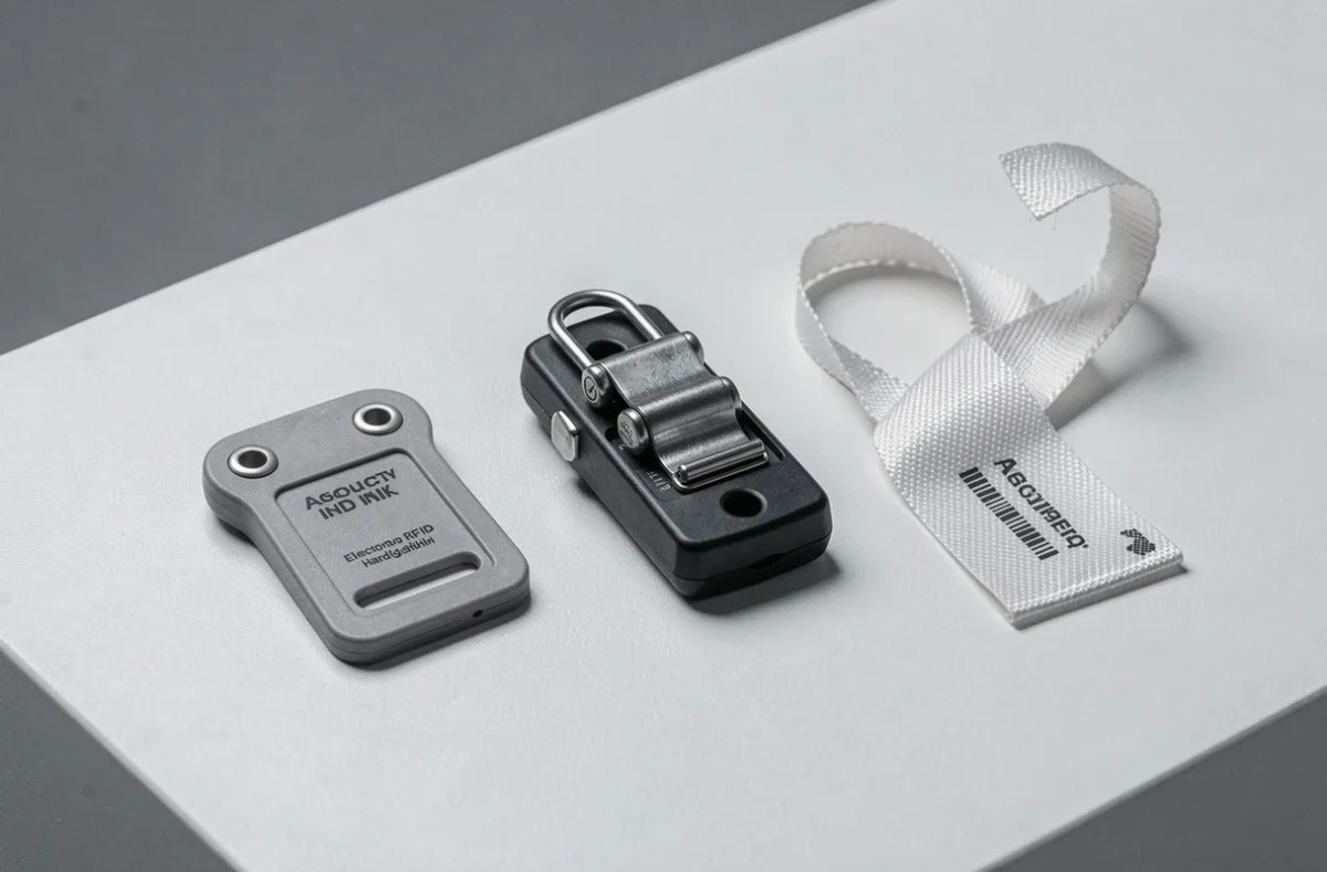 Comparaison de trois technologies d'antivols pour vêtements : étiquette à encre, tag RFID rigide et étiquette souple sur surface blanche