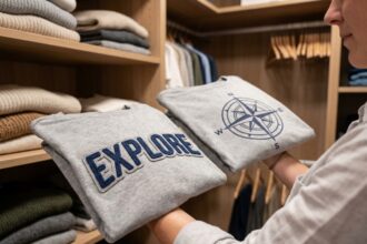 Femme comparant un tee-shirt brodé et un tee-shirt imprimé dans un dressing organisé