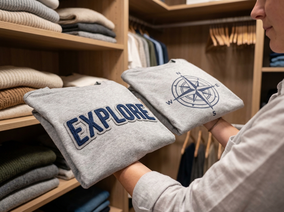Femme comparant un tee-shirt brodé et un tee-shirt imprimé dans un dressing organisé