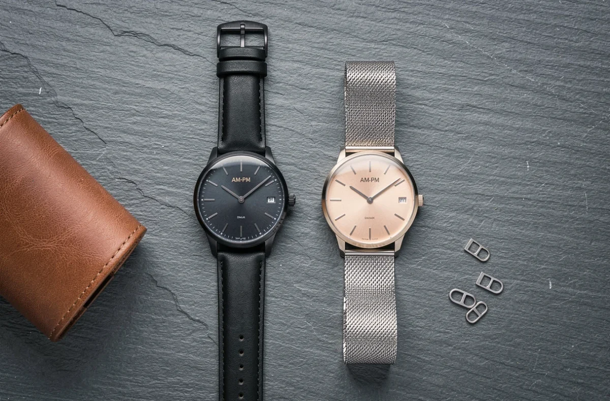 Comparatif de deux montres AM-PM en flatlay sur surface ardoise grise, cadran noir et champagne, accessoires en cuir