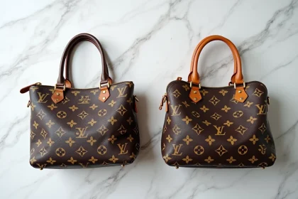 Comparatif côte à côte d'un sac Louis Vuitton authentique et d'une contrefaçon, détails coutures et monogramme visibles sur marbre blanc