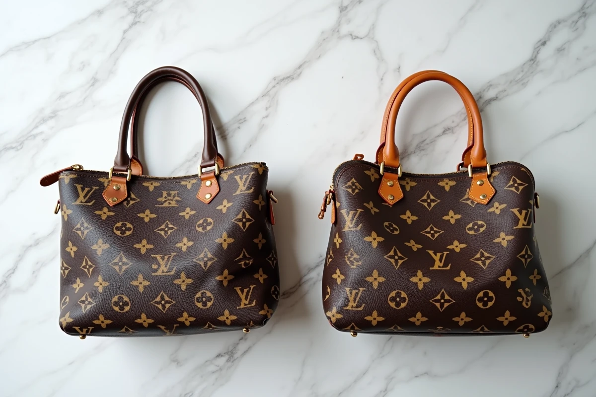 Comparatif côte à côte d'un sac Louis Vuitton authentique et d'une contrefaçon, détails coutures et monogramme visibles sur marbre blanc