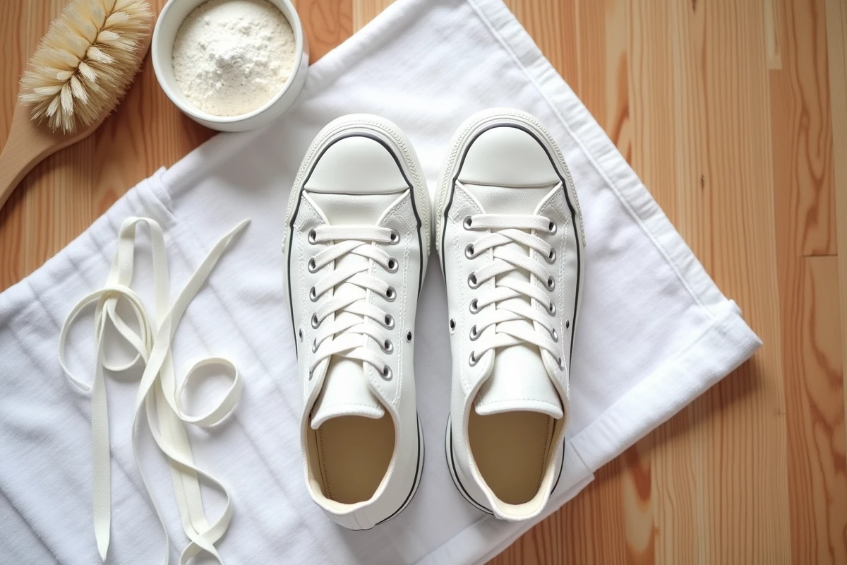 Vue du dessus de Converse blanches posées sur une serviette avec du bicarbonate de soude pour éliminer les mauvaises odeurs