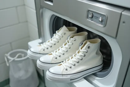 Paire de Converse blanches posées sur le bord d'un lave-linge à hublot ouvert dans une buanderie moderne