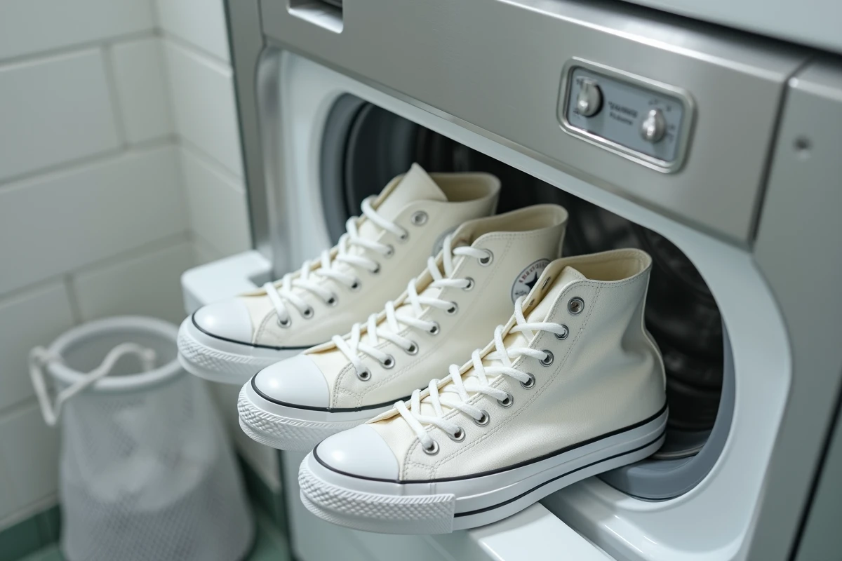 Paire de Converse blanches posées sur le bord d'un lave-linge à hublot ouvert dans une buanderie moderne