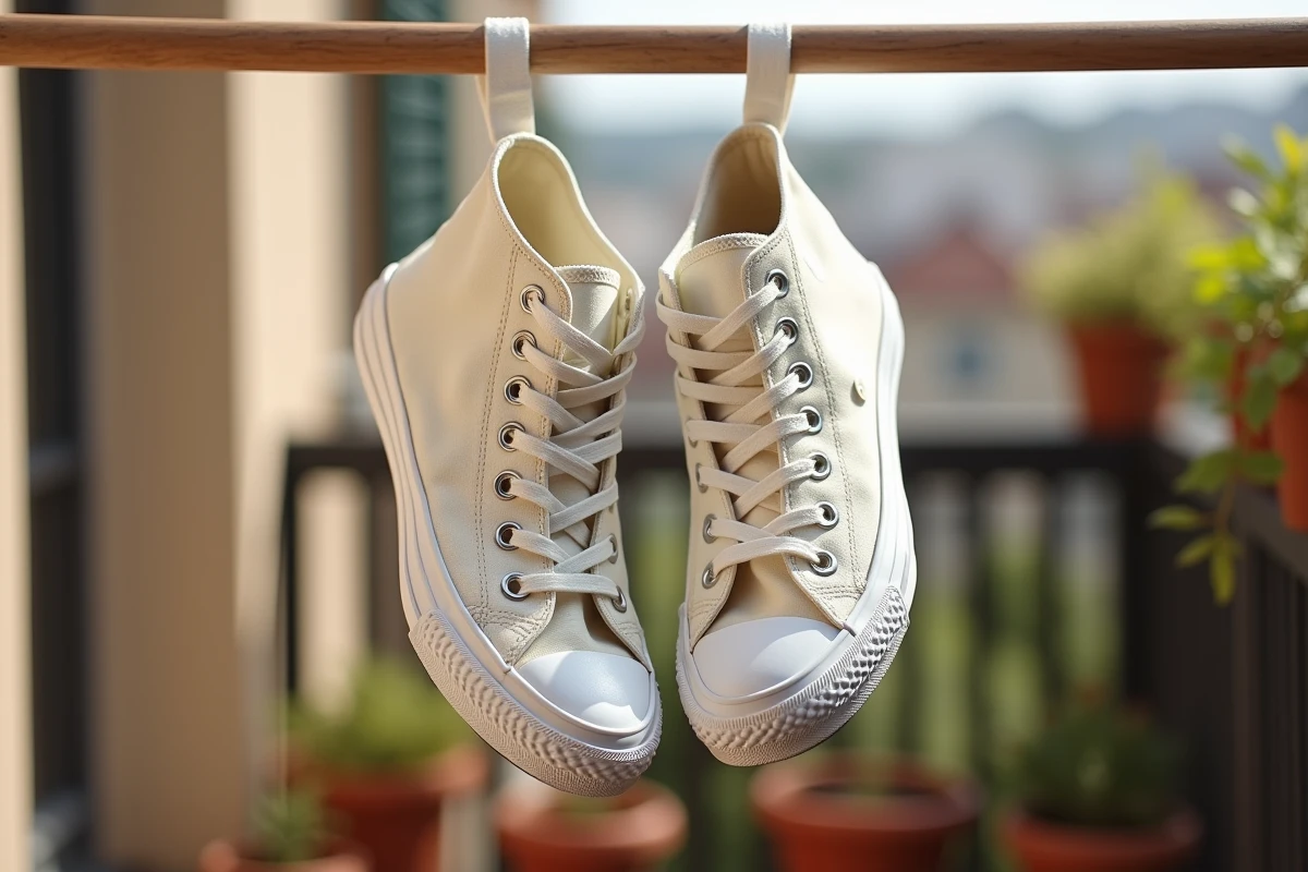 Converse blanches fraîchement lavées qui sèchent accrochées à un étendoir en bois sur un balcon