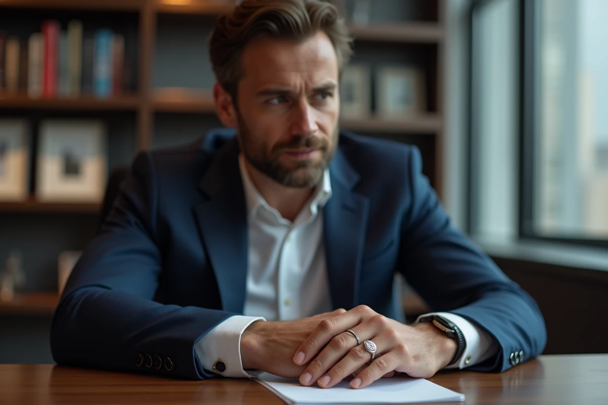 Homme en costume avec bague en or blanc sur bureau