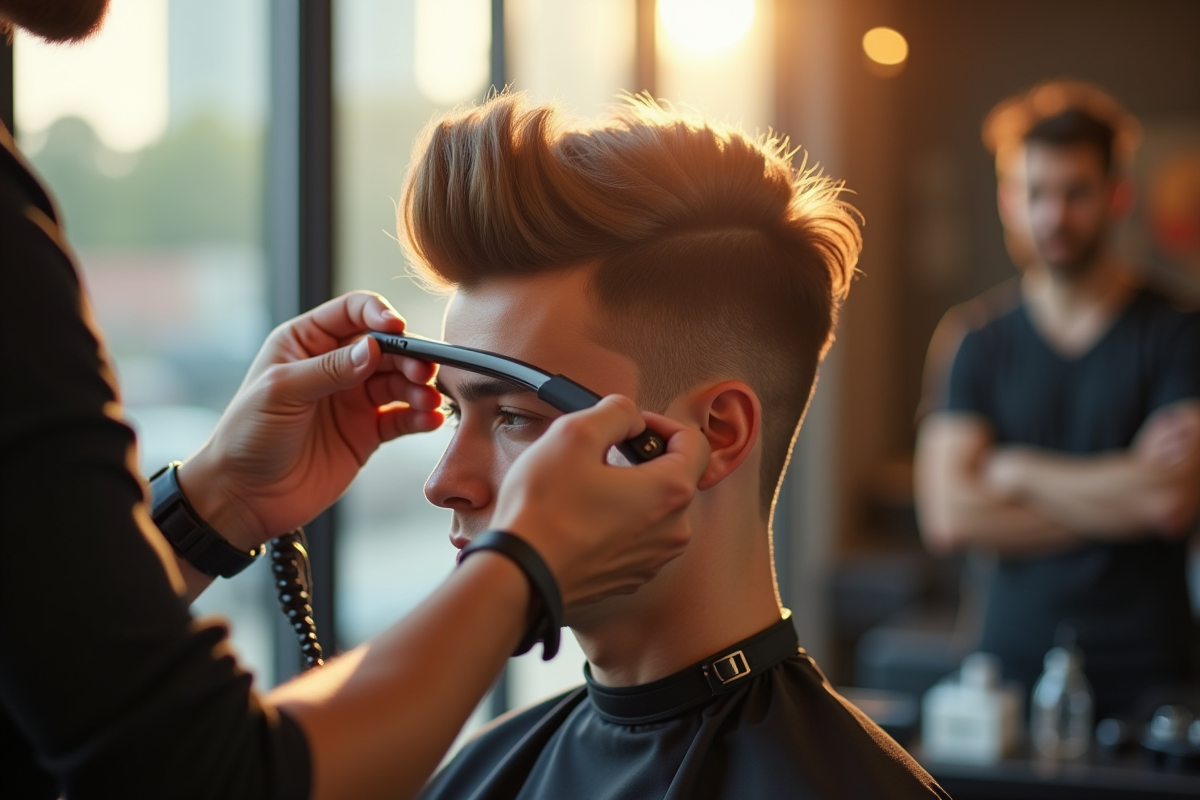 Gros plan sur une coupe de cheveux en cours avec un coiffeur
