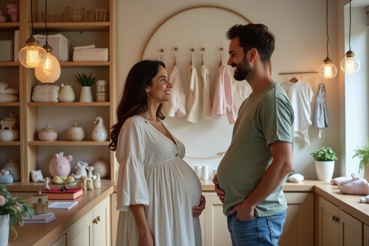 Couple dans une boutique de b&eacute;b&eacute; avec bijoux de grossesse