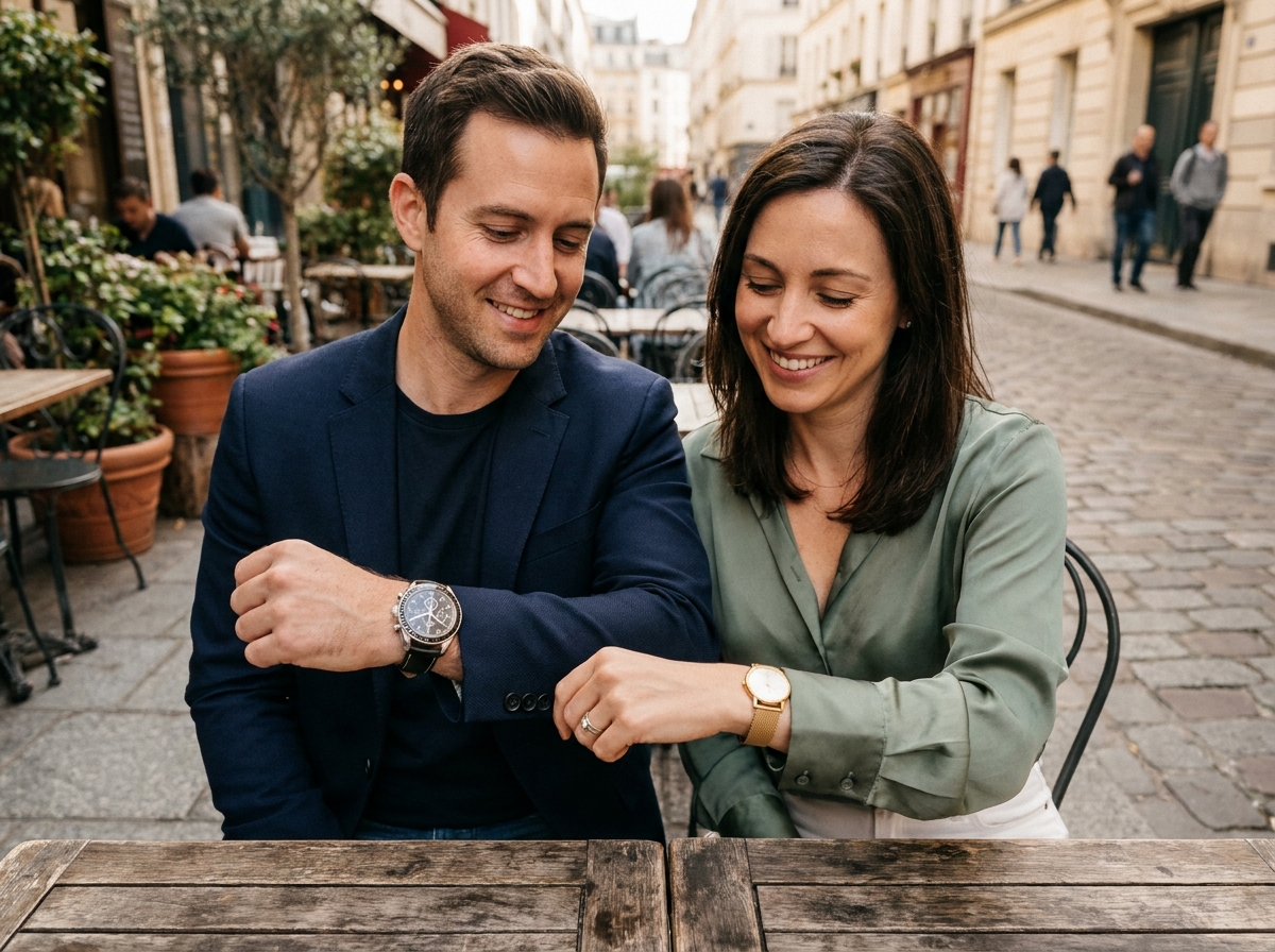 Couple comparant leurs montres homme et femme en terrasse de café, guide comparatif montre mixte 2026