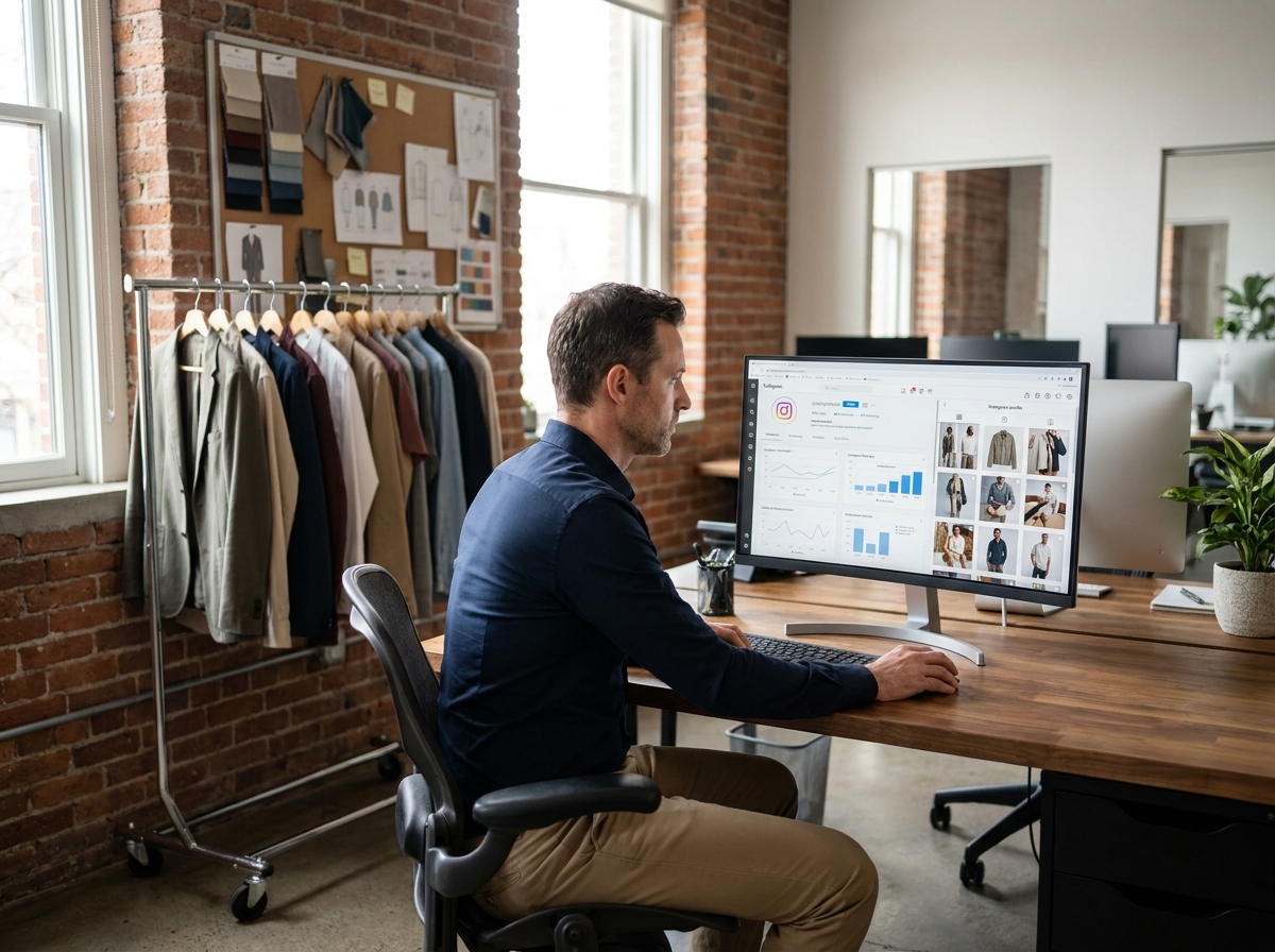 Créateur de mode analysant les statistiques Instagram de sa collection sur un écran dans un bureau créatif