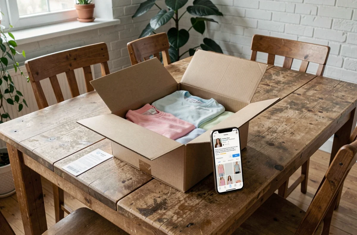 Déballage d'une commande Halara avec vêtements de sport pliés et avis en ligne affiché sur smartphone