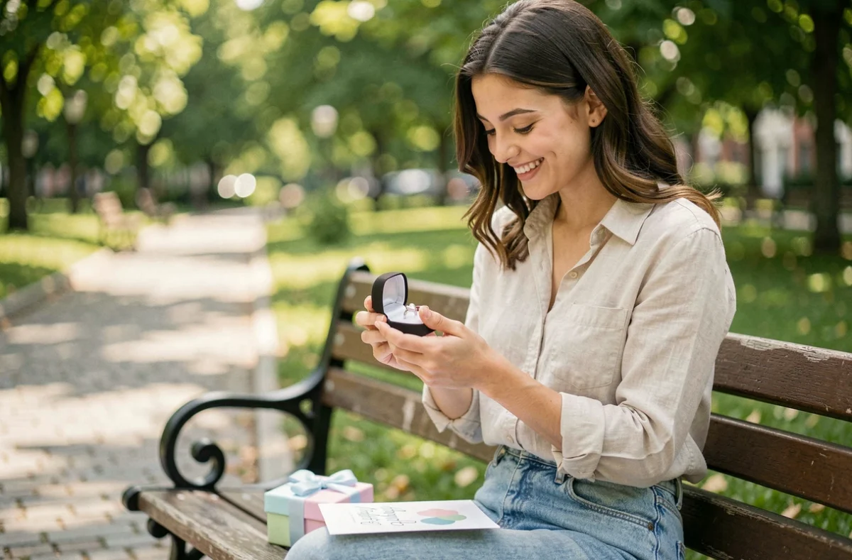 Jeune femme découvrant avec émotion une bague amitié coeur BFF dans son écrin lors d'une surprise d'anniversaire dans un parc urbain ensoleillé