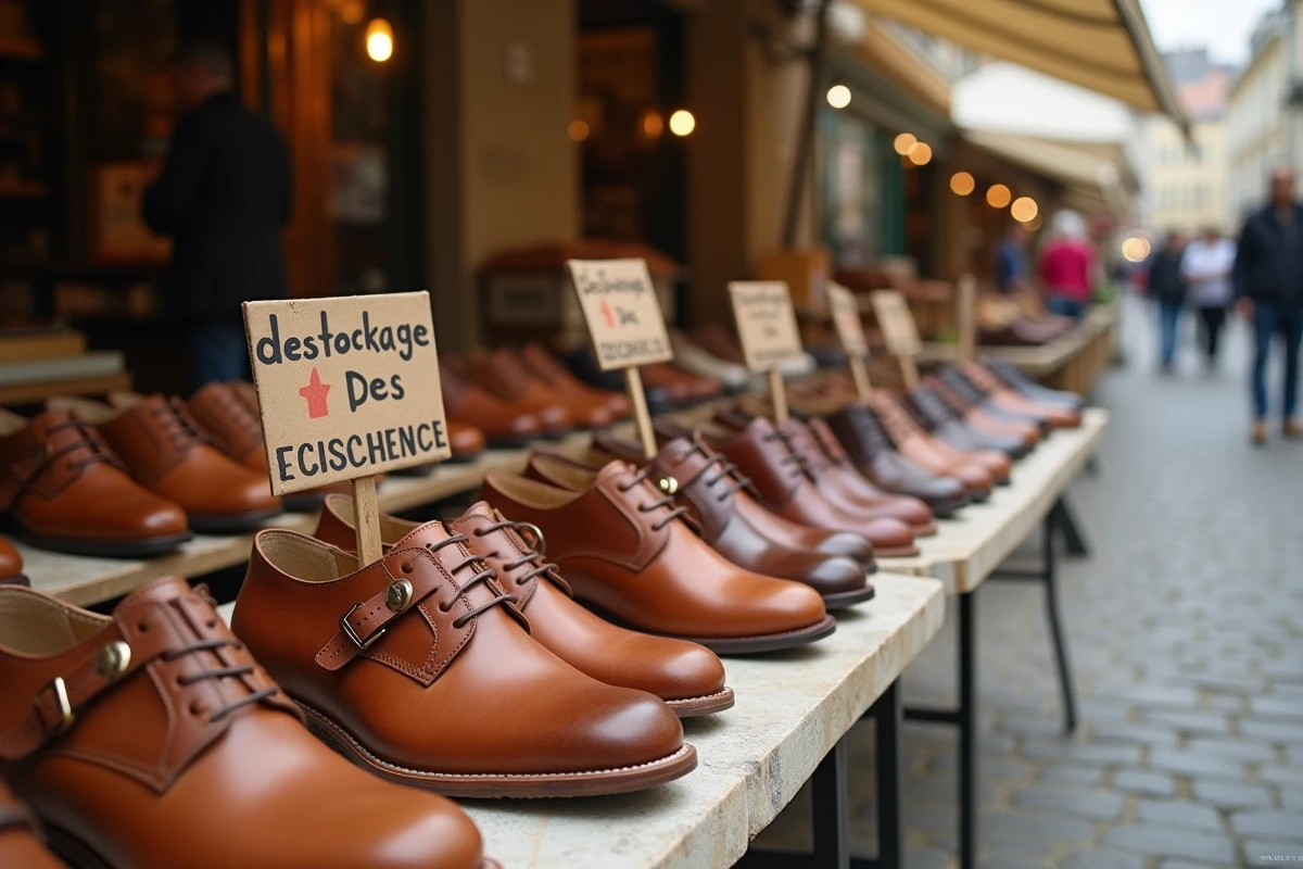 Étal de déstockage de chaussures en cuir de qualité disposées sur une table en plein air lors d'un marché français