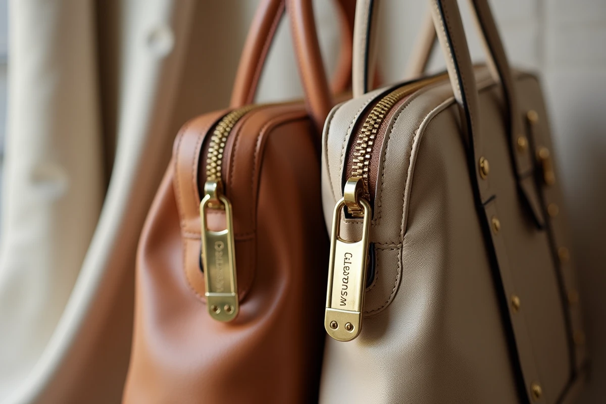 Gros plan sur la quincaillerie et fermeture éclair de deux sacs Vuitton, comparaison gravure authentique versus contrefaçon sur fond lin