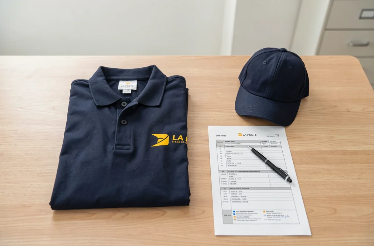 Dotations vestimentaires La Poste disposées sur une table avec un formulaire administratif de changement d'affectation
