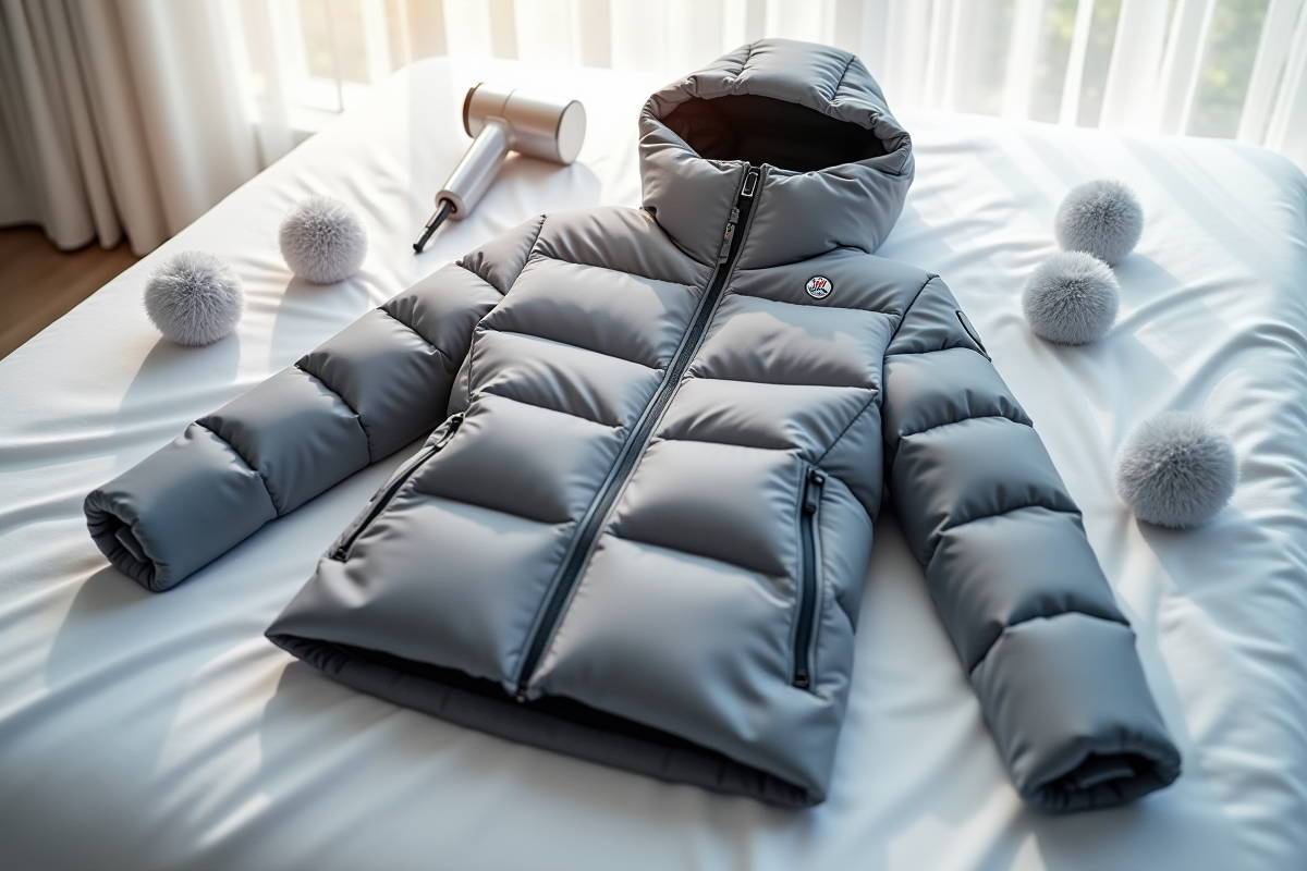 Doudoune Moncler posée sur un lit blanc avec accessoires