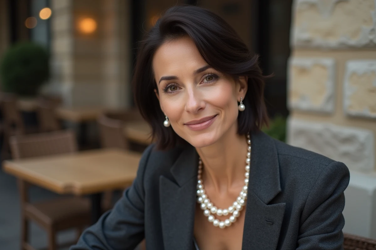 Femme mature avec collier de perles blanches et boucles pendantes portant un blazer anthracite dans un café en terrasse