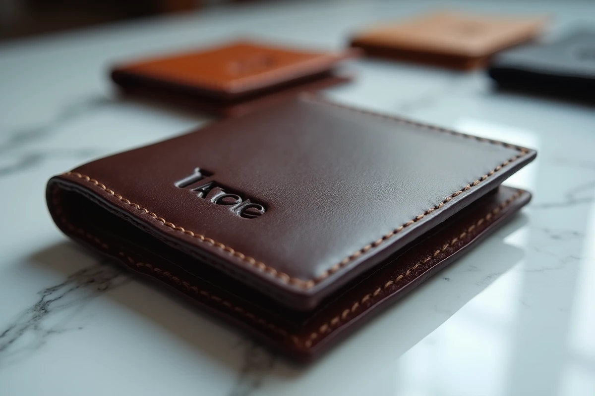 Portefeuille en cuir marron foncé avec monogramme en relief sur surface en marbre, technique d'embossage mise en valeur