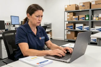 Employée de La Poste passant une commande urgente sur MonEspaceHabillement depuis son bureau