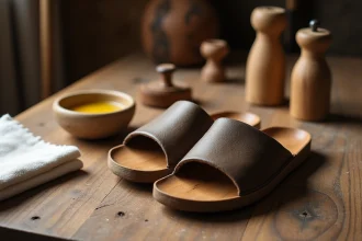Entretien de geta japonaises en bois avec de l'huile naturelle et un chiffon doux sur un établi en bois