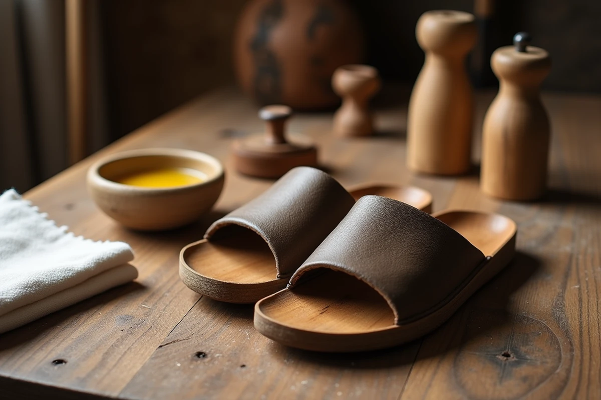 Entretien de geta japonaises en bois avec de l'huile naturelle et un chiffon doux sur un établi en bois