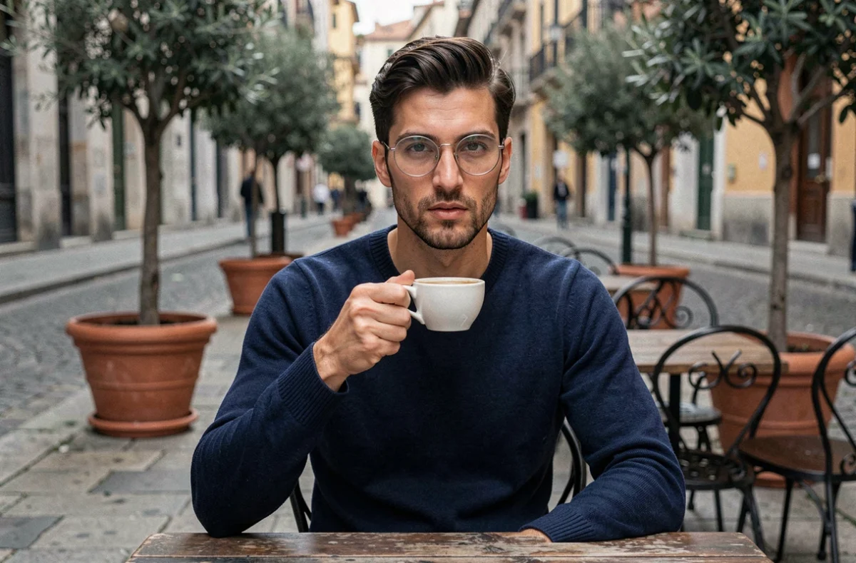 Homme aux lunettes rondes surdimensionnées inadaptées à son visage anguleux assis en terrasse de café urbain