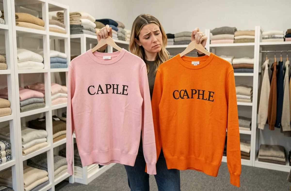 Femme comparant deux pulls personnalisés couple aux couleurs mal assorties dans une boutique, illustrant les erreurs de choix chromatique