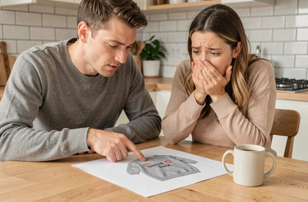 Couple découvrant une faute d'orthographe sur le bon à tirer de leurs pulls personnalisés, illustrant les erreurs de conception à éviter