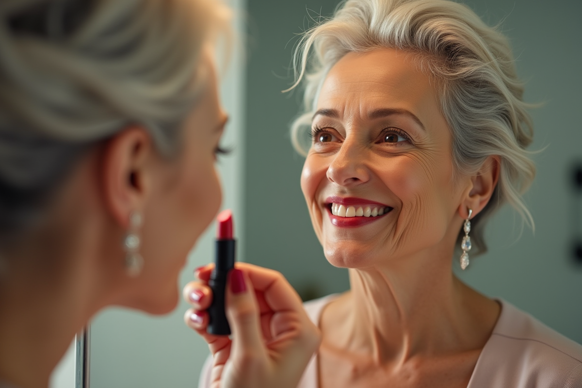 Femme mature appliquant rouge à lèvres rouge dans salle élégante