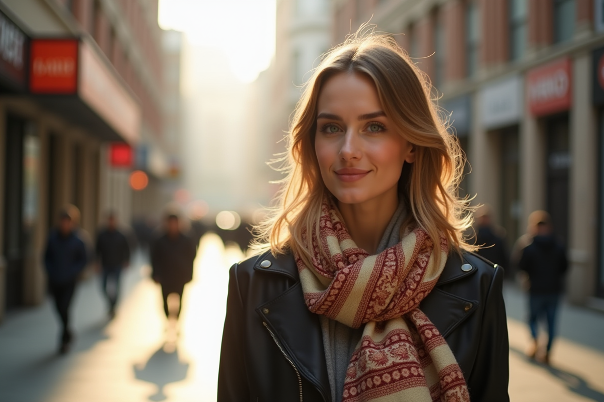 Femme stylée portant une écharpe tendance en ville