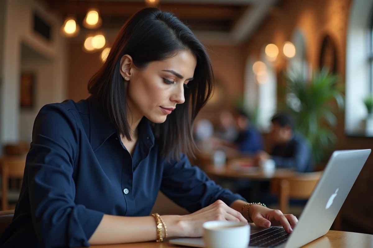 Femme rédigeant un avis sur SRD Bijoux dans un café urbain