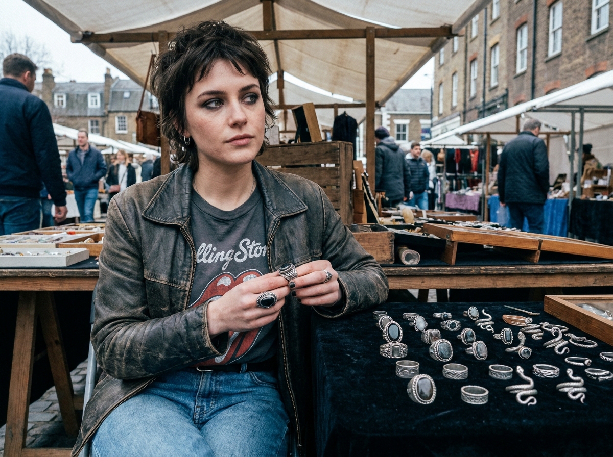 Jeune femme en veste en cuir inspectant des bagues rock vintage sur un marché aux puces en plein air