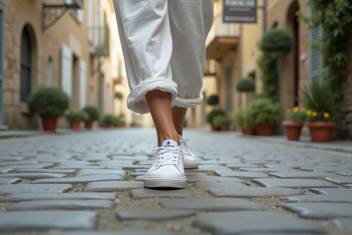 Femme portant des baskets françaises fabriquées en France marchant sur des pavés dans une rue de village provençal
