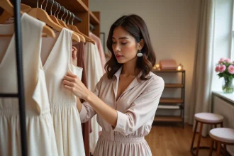 Femme élégante choisissant une robe pastel en boutique