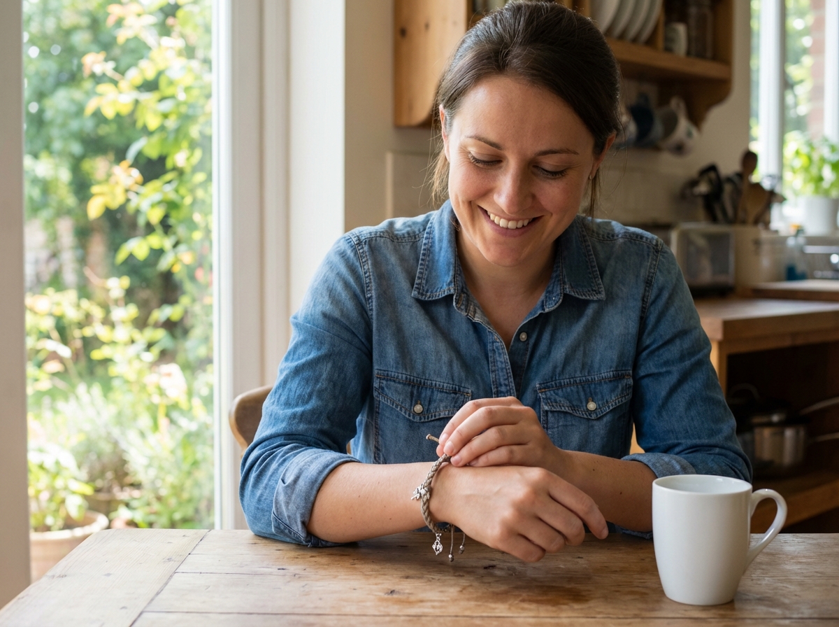 Femme souriante portant un bracelet personnalisé en denim