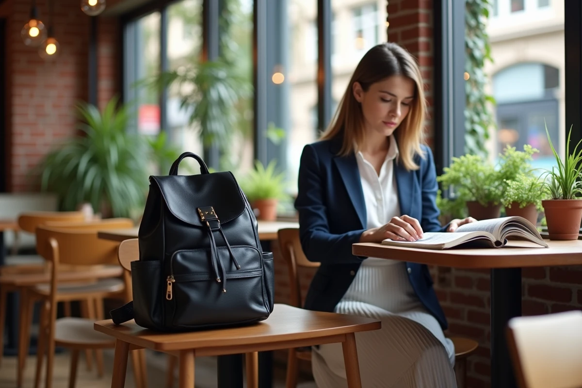 Femme professionnelle au café avec sac à dos