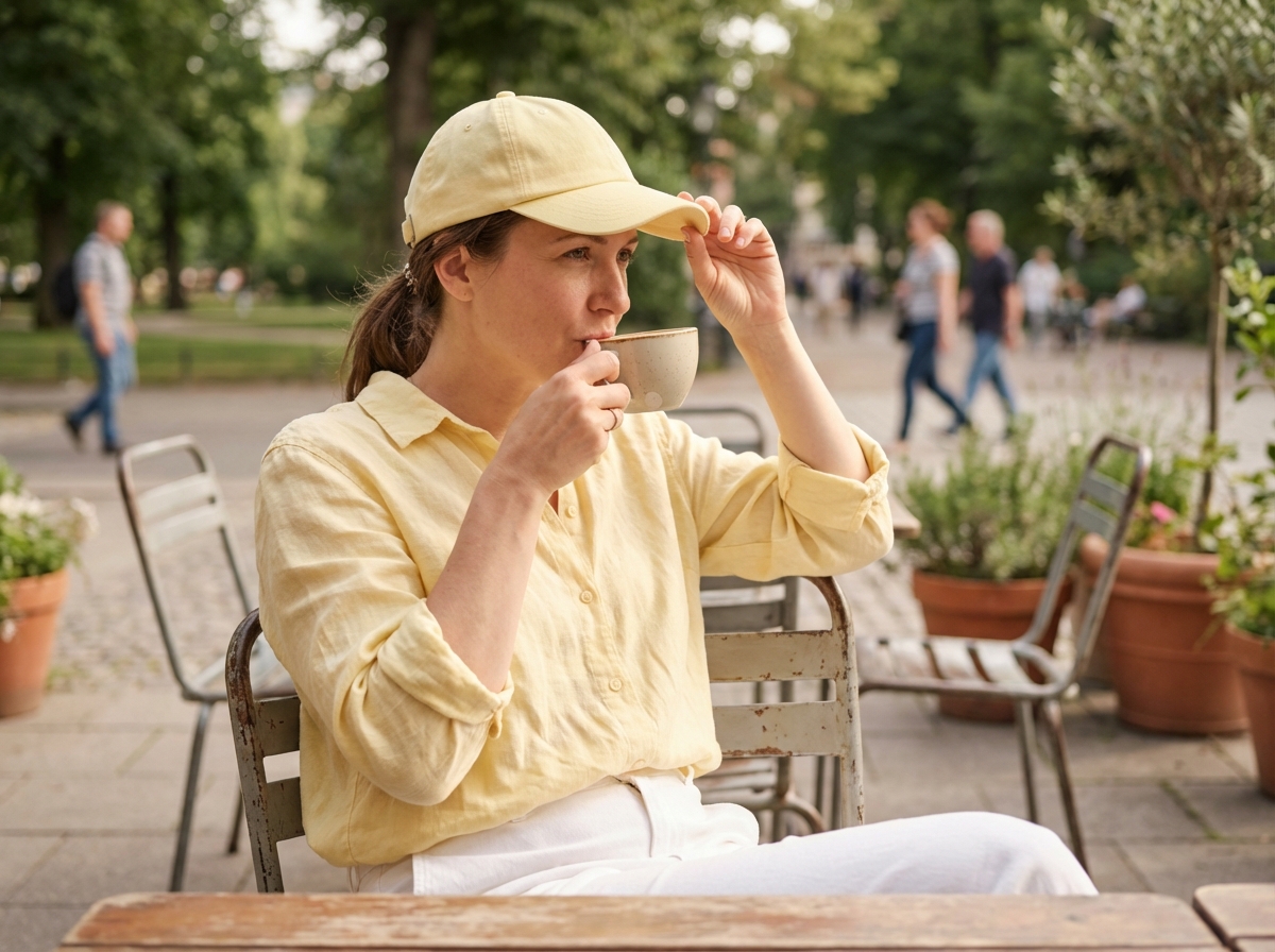 Femme d&eacute;tendue buvant un caf&eacute; en portant une casquette pastel