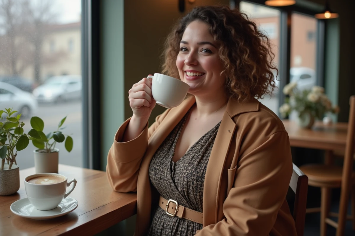 Femme confiante en café hiver en train de boire du thé