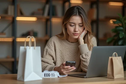 Femme comparant des prix en ligne lors d'un grand déstockage depuis son bureau à domicile avec ordinateur et smartphone